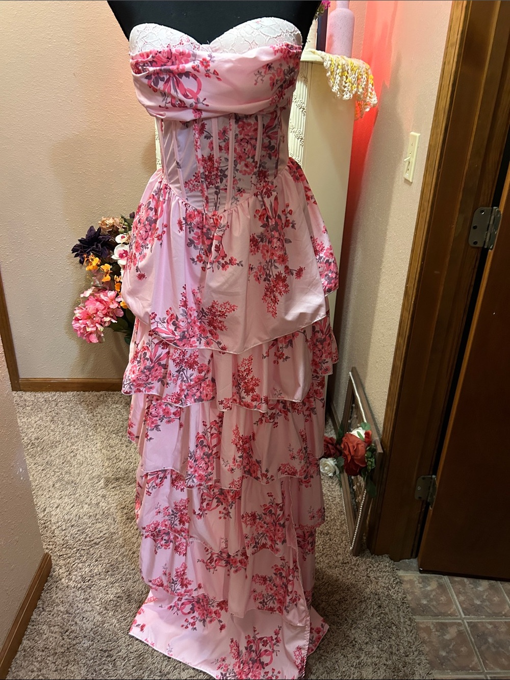 NWOT. Pink Floral Strapless Tiered Maxi Dress